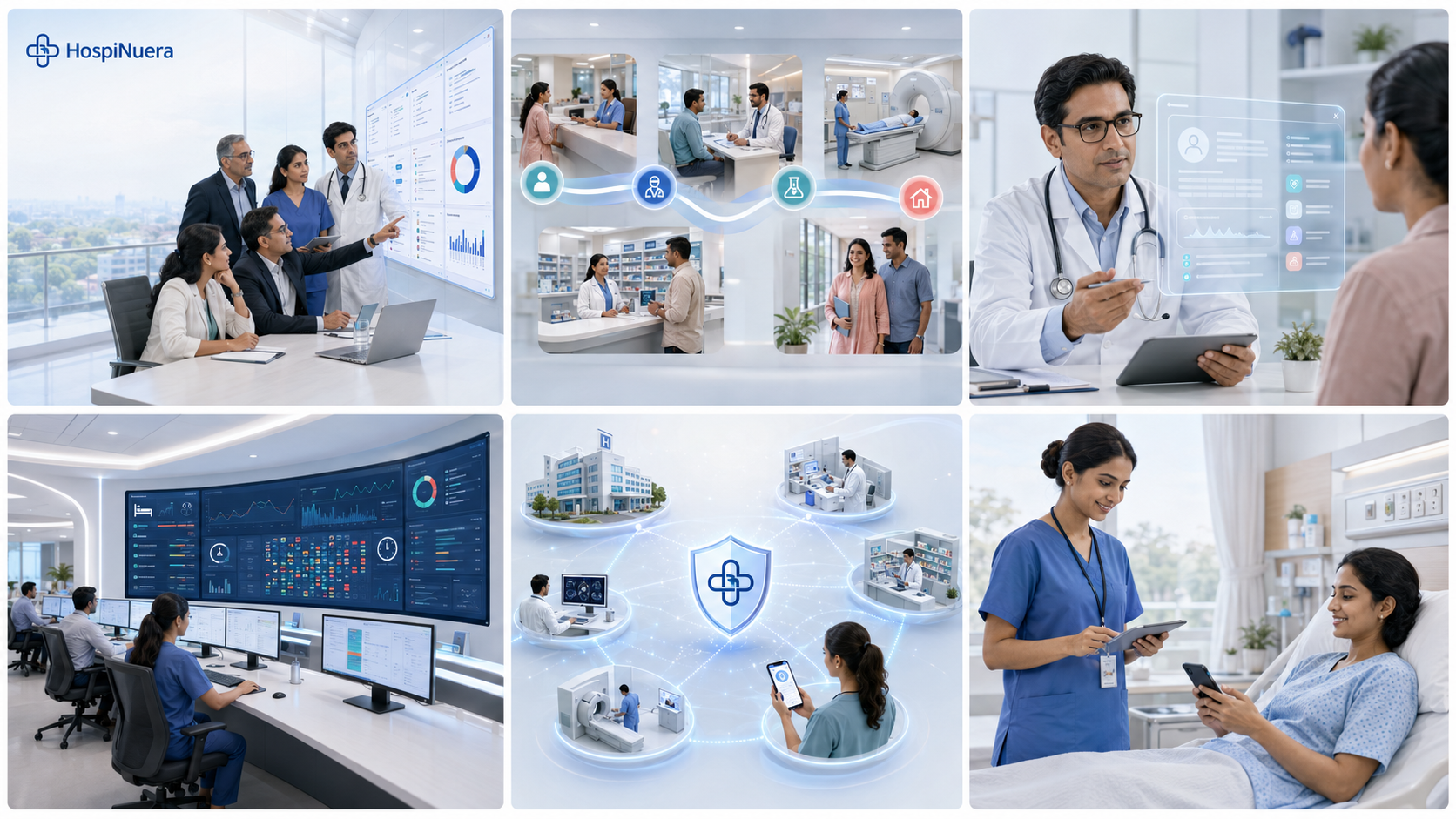 HospiNuera visual overview showing connected care, AI-assisted workflows, hospital operations, secure interoperability and mobile care